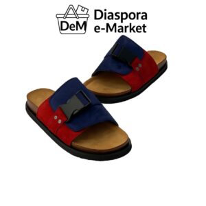 sandales sliders rouge et bleu marine à bride unique